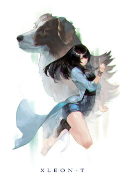 1girl angelo_(ff8) artist_name black_boots black_hair black_shirt blue_coat blue_shorts boots bracelet breasts brown_hair closed_mouth coat cropped_legs dissidia_duellum_final_fantasy dissidia_final_fantasy dog final_fantasy final_fantasy_viii foot_out_of_frame highres jewelry long_coat long_hair medium_breasts multicolored_hair official_alternate_costume pointing pointing_up rinoa_heartilly shirt shorts streaked_hair white_background xleontan