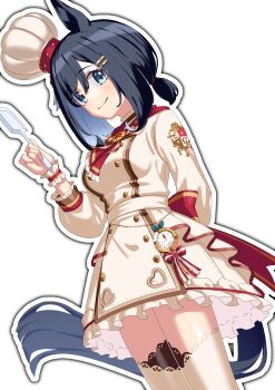 1girl absurdres animal_ears ascot black_hair blue_eyes blush bow breasts chef_hat closed_mouth commentary_request dress eishin_flash_(collect_chocolatier)_(umamusume) eishin_flash_(umamusume) frilled_cuffs hair_between_eyes hair_ornament hairclip hat highres holding horse_ears horse_girl horse_tail long_sleeves medium_breasts mini_chef_hat mini_hat official_alternate_costume red_ascot red_bow short_hair smile solo tail thighhighs tilted_headwear tpicm umamusume white_dress white_thighhighs