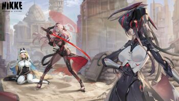 3girls arm_guards arm_support armored_bodysuit black_bodysuit blonde_hair blue_eyes bodysuit breast_curtains character_request cloak clothing_cutout commentary_request energy_sword f.k_(hs225kr) fighting_stance goddess_of_victory:_nikke grey_bodysuit grey_hair hair_lift high_heels holding holding_sword holding_weapon leg_cutout lightsaber long_hair looking_at_another mechanical_arms multiple_girls nun nun_headdress official_art one_eye_closed outdoors rapunzel_(nikke) rapunzel_(pure_grace)_(nikke) red_lightsaber scarlet_(black_shadow)_(nikke) scarlet_(nikke) sitting standing sword thighhighs very_long_hair weapon white_cloak white_thighhighs yokozuwari