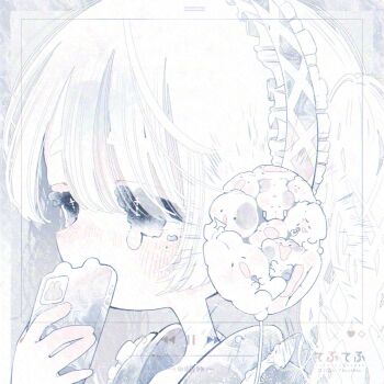 1girl blush covered_mouth eyelashes frills headphones highres holding holding_phone long_hair looking_afar mole mole_under_eye monochrome original phone portrait solo square thk_41 white_theme