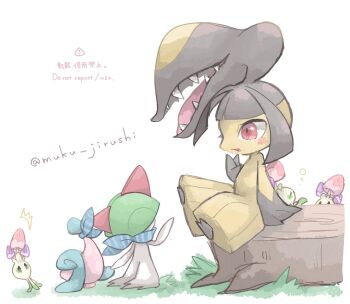 artist_name blue_hair blue_scarf bowl_cut colored_skin extra_mouth fangs gen_3_pokemon gen_7_pokemon gen_8_pokemon green_hair hatenna highres mawile morelull muku_jirushi nintendo on_tree_stump pink_eyes pokemon pokemon_(creature) ralts scarf simple_background tree_stump white_background yellow_skin