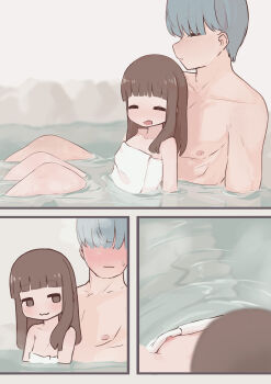 1boy 1girl :3 absurdres age_difference atlus bath bathing blush breasts brown_eyes brown_hair doujima_nanako hair_down highres loli narukami_yu nipples nude persona persona_4 rainnico shared_bathing small_breasts smug steaming_body thighs towel wet