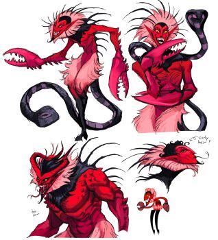 1boy alternate_form black_boots black_hair black_snake boots colored_sclera colored_skin commentary crab_claw demon demon_boy demon_horns english_commentary evil_grin evil_smile facial_hair facing_viewer fangs forked_tongue from_side fur_collar goatee grin hair_slicked_back heraxic highres him_(powerpuff_girls) horns laughing looking_at_viewer male_focus multiple_views muscular muscular_male pink_fur pointy_ears powerpuff_girls red_skin skinny smile solo spikes tail teeth tongue topless_male white_background widow's_peak