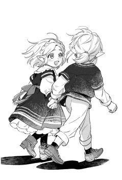1boy 1girl aged_down braid child commentary_request crown_braid dress full_body greyscale holding_hands layered_sleeves link long_sleeves looking_at_another monochrome nintendo open_mouth pants pointy_ears ponytail princess_zelda renyuu shirt shoes short_over_long_sleeves short_ponytail short_sleeves smile the_legend_of_zelda the_legend_of_zelda:_tears_of_the_kingdom walking white_background