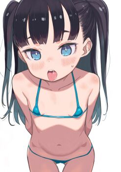 1girl absurdres bikini black_hair blue_bikini blue_eyes blush breasts highres loli long_hair looking_at_viewer micro_bikini monomono navel open_mouth original simple_background small_breasts solo swimsuit tongue tongue_out two_side_up white_background