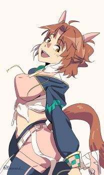 1girl absurdres ahoge animal_ears black_leggings black_shrug blush bow breasts brown_eyes brown_hair checkered_ribbon dantsu_flame_(center_spotlight)_(umamusume) dantsu_flame_(umamusume) ear_covers ear_ornament ear_ribbon hair_between_eyes highres horse_ears horse_girl horse_tail large_breasts leggings leggings_under_shorts long_sleeves looking_at_viewer midriff multicolored_hair navel open_mouth pink_shirt pink_shorts raunround shirt shorts shrug_(clothing) simple_background smile solo stretching tail tied_shirt umamusume white_background white_hair white_shirt