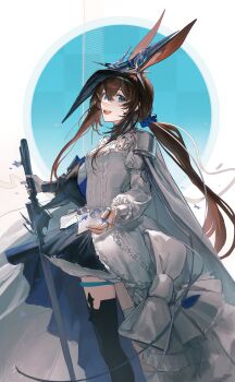 Rule 34 | 1girl, :d, absurdres, amiya (arknights), amiya (guard) (arknights), amiya (guard) (in a myriad of universes) (arknights), animal ears, arknights, armor, armored dress, asymmetrical legwear, black skirt, blue eyes, boots, bow, brown hair, center frills, commentary request, cuisses, dress, feet out of frame, frilled dress, frilled sleeves, frills, from side, gauntlets, hair between eyes, high-low dress, highres, holding, holding sword, holding weapon, infection monitor (arknights), jewelry, knee boots, layered skirt, long hair, long sidelocks, long sleeves, multiple rings, open mouth, overskirt, pauldrons, ponytail, puffy sleeves, rabbit ears, rabbit girl, ring, shoulder armor, sidelocks, sideways glance, single armored boot, single gauntlet, single pauldron, skirt, smile, solo, standing, sword, tilted headwear, toxyzz, weapon, white background, white boots, white bow, white dress