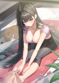 1girl absurdres barefoot black_hair black_pants blue_archive breasts cat cleavage feet hair_behind_ear hair_ornament hairclip halo highres large_breasts long_hair mirror pants pink_shirt red_eyes rio_(blue_archive) shirt smile toenails toes very_long_hair wakum yoga yoga_mat yoga_pants