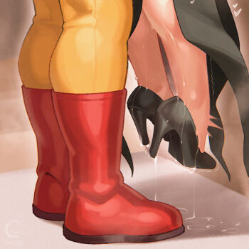 1boy 1girl absurdres black_shoes boots clothed_sex height_difference high_heels highres implied_sex lifting_person lower_body one-punch_man photo-referenced pussy_juice pussy_juice_trail red_boots saitama_(one-punch_man) shoes steaming_body sweat tatsumaki trembling windmill_(windmillg)