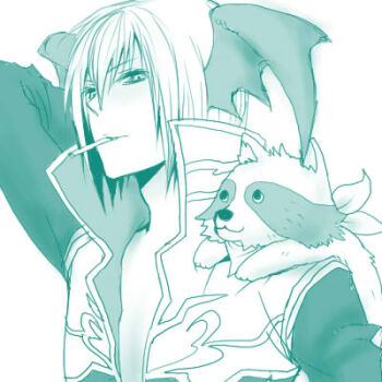 1boy bat_wings blue_theme cigarette closed_mouth coat commentary_request expressionless hair_between_eyes head_wings long_sleeves looking_at_viewer lowres male_focus monochrome open_clothes open_coat priest_(ragnarok_online) raccoon ragnarok_online sawsou short_hair simple_background smokie_(ragnarok_online) solo upper_body wings