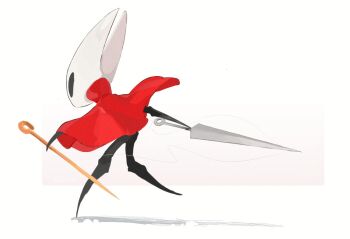 Rule 34 | 1girl, black eyes, cloak, commentary, dual wielding, from side, full body, hashtag-only commentary, hightguy, holding, hollow knight, hollow knight: silksong, hornet (hollow knight), horns, needle (hollow knight), pin (hollow knight), red cloak, shadow, solo, standing, standing on one leg, thread, white background