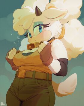 1girl absurdres animal_ears artist_name bell belt black_horns black_pants blonde_hair blue_eyes blush body_fur breasts brown_belt brown_gloves brown_pants cleavage clenched_hands collar cowbell cowboy_shot eyeshadow fingerless_gloves flying_sweatdrops furry furry_female gloves goat_girl goat_horns green_background green_pants hands_up highres horns inuki_(aruurara) lanolin_the_sheep large_breasts long_hair looking_at_viewer makeup neck_bell pants plump sheep_girl shirt shirt_tucked_in sleeveless sleeveless_shirt snout solo sonic_(series) tail tank_top thick_arms twintails white_fur white_hair yellow_shirt