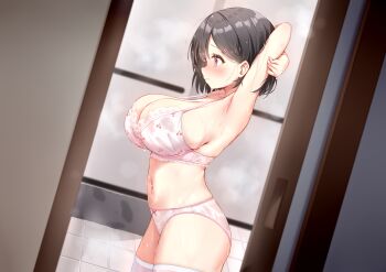 1girl absurdres arms_behind_head arms_up bathroom black_hair blush bra breasts cherry_print closed_mouth commentary_request food_print from_side fruit_print hair_ornament hairclip highres indoors large_breasts navel original paid_reward_available panties parallel_hairclips pink_bra pink_eyes pink_panties pout print_bra profile qian_hen short_hair solo steam stomach stretching thighhighs tile_floor tiles underwear wet white_thighhighs