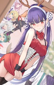 6+girls absurdres alternate_costume animal_costume animal_ear_headwear animal_ears antlers aqua_hair bare_arms bare_shoulders black_hair black_thighhighs blonde_hair blue_eyes blue_hair blunt_bangs blurry blurry_background blush bow bowtie breasts bungo_yayoi christmas christmas_tree chroemaguro closed_eyes closed_mouth coat commentary_request corset cowboy_shot cuffs detached_collar double_bun dress dress_tug dutch_angle embarrassed eyepatch fake_animal_ears fake_antlers fake_horns fox_ears frills grey_hair hair_between_eyes hair_bun hair_ribbon hairband half-closed_eye hat heaven_burns_red highres horns indoors kanzaki_adelheid long_hair looking_at_another looking_at_viewer medium_breasts multiple_girls nervous_smile one_eye_covered open_mouth peeking_out pink_hair purple_hair red_bow red_bowtie red_dress red_eyes red_ribbon reindeer_antlers reindeer_costume ribbon sakuraba_seira santa_costume santa_dress satsuki_mari short_dress short_hair side_slit sidelocks skirt skirt_tug sleeveless sleeveless_dress smile solo_focus spaghetti_strap straight_hair sweatdrop team_31c_(heaven_burns_red) tenne_miko thighhighs twintails unworn_coat very_long_hair white_hair white_hairband white_ribbon witch_hat wrist_cuffs wristband yamawaki_bon_ivar yellow_eyes zettai_ryouiki