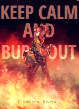 1girl absurdres adriana_rivera ahoge armband ass belt black_gloves black_survival bracelet brown_jacket character_name closed_mouth clothes_writing commentary english_commentary english_text eternal_return:_black_survival fire gas_mask gas_pump_nozzle gloves hair_between_eyes high_ponytail highres holding holding_weapon hood hooded_jacket jacket jewelry keep_calm_and_carry_on looking_at_viewer looking_back mask pantyhose ponytail pouch red_hair red_hood saragada single_glove sleeves_rolled_up smile solo standing thigh_pouch torn_clothes torn_pantyhose weapon