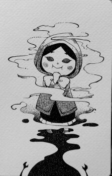 Rule 34 | 1girl, blush stickers, bow, dress, fog, greyscale, hood, hood up, kandori makoto, monochrome, nintendo, smile, solo, standing, the legend of zelda, the legend of zelda: phantom hourglass, traditional media