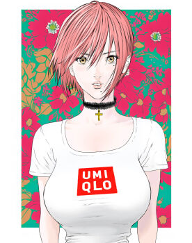 1girl black_choker brand_name_imitation breasts choker cross cross_ornament floral_background flower gigant_(series) highres large_breasts latex latin_cross looking_at_viewer mole mole_under_eye mole_under_mouth official_art oku_hiroya papico_(gigant) parted_lips pink_flower pink_lips shirt short_hair short_sleeves sidelocks solo teeth tented_shirt uniqlo upper_body white_shirt yellow_eyes