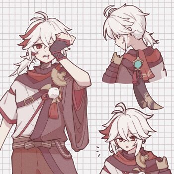 1boy :o antenna_hair armor asymmetrical_sleeves belt belt_buckle black_belt black_gloves black_haori black_scarf blood blood_from_mouth blood_on_face bow brown_bow brown_shorts buckle chest_belt commentary_request cowboy_shot crossed_bangs fingerless_gloves from_behind genshin_impact gloves grid_background hair_between_eyes hand_up haori highres japanese_armor japanese_clothes kaedehara_kazuha kimono looking_at_viewer low_ponytail male_focus medium_hair mismatched_sleeves multicolored_hair multiple_views notice_lines now_shika parted_lips pom_pom_(clothes) ponytail red_eyes red_hair red_scarf scarf short_sleeves shorts shoulder_armor sidelocks simple_background single_sode sode streaked_hair tassel upper_body v-shaped_eyebrows vision_(genshin_impact) white_background white_hair white_kimono wide_sleeves