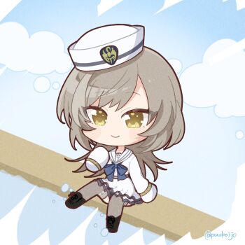 1girl arm_at_side assault_lily black_shoes blue_bow blue_bowtie blue_sky blush bow bowtie chibi closed_mouth cloud commentary_request day full_body grey_hair grey_thighhighs hand_up hat highres leg_up long_sleeves looking_at_viewer miniskirt official_alternate_costume outdoors oversized_clothes ponokaijo sailor_collar sailor_hat sailor_shirt sasaki_ran shirt shoes sitting skirt sky sleeves_past_fingers sleeves_past_wrists solo thighhighs twitter_username water white_hat white_sailor_collar white_skirt yellow_eyes