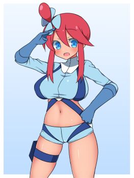 1girl blue_background blue_eyes blue_gloves blue_jacket blue_shorts border breasts commentary_request cowboy_shot cropped_jacket gloves gradient_background hand_on_own_hip haniwagi_(hal) jacket large_breasts long_sleeves looking_at_viewer midriff navel nintendo open_mouth outside_border pokemon pokemon_bw red_hair salute short_shorts shorts sidelocks skyla_(pokemon) solo standing thigh_strap white_border