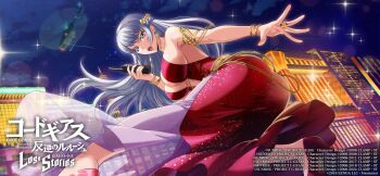 Rule 34 | 1girl, armlet, ass, blue eyes, bracelet, breasts, character request, cleavage, code geass, code geass: lost stories, dress, earrings, grey hair, hair ornament, jewelry, large breasts, long hair, nail polish, official art, red dress, sideboob, solo, source request
