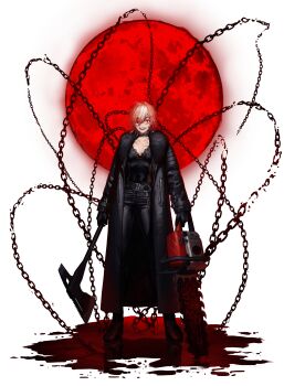 1girl absurdres artist_request axe black_boots black_coat black_gloves black_pants black_survival blonde_hair blood bloody_weapon boots chain chainsaw coat fur-trimmed_coat fur_trim gloves hair_between_eyes highres holding holding_axe holding_chainsaw jackie_quilt moon official_art open_mouth pants pool_of_blood red_eyes red_moon scar scar_on_chest scar_on_face scar_on_nose smile solo standing third-party_source transparent_background weapon