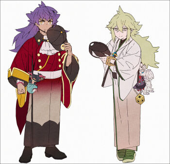 2boys baseball_cap black_footwear black_headwear blonde_hair brown_kimono character_doll closed_mouth cube dark-skinned_male dark_skin doll dragapult dreepy gen_5_pokemon gen_8_pokemon gradient_clothes gradient_kimono green_footwear grey_eyes hair_between_eyes hakusai_(tiahszld) hat holding holding_unworn_clothes holding_unworn_hat japanese_clothes kimono legendary_pokemon leon_(pokemon) long_hair long_sleeves multiple_boys n_(pokemon) nintendo pokemon pokemon_bw pokemon_swsh purple_hair red_kimono reshiram shoes smile unworn_hat unworn_headwear very_long_hair white_kimono wide_sleeves yellow_eyes zorua