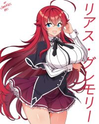 1girl absurdres ahoge arm_under_breasts artist_name black_capelet black_ribbon blue_eyes blush breasts capelet character_name collared_shirt cowboy_shot crossed_bangs hair_between_eyes hand_up high_school_dxd highres huge_ahoge jarckius kuoh_academy_school_uniform large_breasts long_hair long_sleeves looking_at_viewer narrow_waist neck_ribbon open_mouth pleated_skirt red_hair red_skirt rias_gremory ribbed_shirt ribbon school_uniform shirt skirt smile solo standing very_long_hair white_shirt wide_hips wrist_cuffs