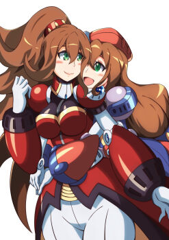 2girls android armor beret blush breasts brown_hair dress gloves green_eyes hair_between_eyes hair_ornament hat high-waist_pantyhose high_collar high_ponytail highres hug iris_(mega_man) iris_-another-_(mega_man) joints kotatuman_dash large_breasts long_hair looking_at_another low-tied_long_hair mega_man_(series) mega_man_x_(series) mega_man_x_dive military military_uniform multicolored_dress multiple_girls open_mouth pantyhose ponytail red_armor red_hat robot robot_girl robot_joints shoulder_jewel simple_background smile very_long_hair white_background white_gloves
