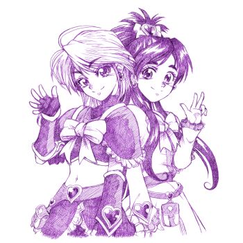 2girls bow bridal_gauntlets cure_black cure_white detached_sleeves earrings fingerless_gloves frilled_skirt frills futari_wa_precure gloves heart heart_belt heart_belt_buckle heart_earrings jewelry looking_at_viewer magical_girl midriff multiple_girls navel precure rakshasa_(artist) skirt