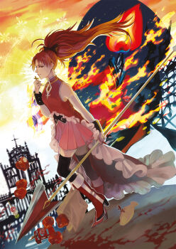 1girl apple bag bare_shoulders black_bow blood blood_on_ground boots bow brand_name_imitation candy church clip_studio_paint_(medium) cross cross_necklace detached_sleeves fire food from_side fruit gem hair_bow highres holding holding_jewelry holding_necklace jewelry long_hair magical_girl mahou_shoujo_madoka_magica mahou_shoujo_madoka_magica_(anime) necklace paper_bag pink_skirt pocky polearm ponytail red_boots red_eyes red_gem red_hair redtaiga sakura_kyoko sakura_kyoko_(magical_girl) skirt smile solo spear thighhighs waist_cape weapon