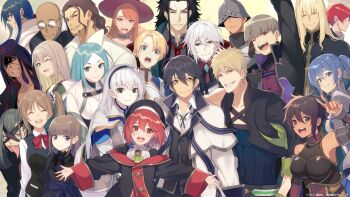 6+boys 6+girls alec_ygret armor ascot asymmetrical_sleeves bald black_dress black_hair black_hat blonde_hair blue_eyes blue_hair blunt_bangs breastplate brown_hair casketeer_(hojomajo) cloak closed_eyes coat commentary_request dark-skinned_female dark-skinned_male dark_skin dress earrings eldas_miheila elf facial_hair glasses gloria_(hojomajo) green_ascot green_eyes grey_hair hat highres hood hooded_cloak iks_(hojomajo) japanese_clothes jewelry krasia_annerose krista_(hojomajo) leviel_stanz loki_silveria long_hair luorg marbell_(hojomajo) melea_dial mikata_ga_yowasugite_hojo_mahou_ni_tesshiteita_kyuutei_mahoushi_tsuihou_sarete_saikyou_wo_mezashimasu misha_(hojomajo) multiple_boys multiple_girls off-shoulder_coat off_shoulder olivia_(hojomajo) ornest_rain oversized_clothes pointy_ears ponytail purple_eyes red_eyes red_hair regulus_galdana reni_(hojomajo) riku_(hojomajo) riwell_(hojomajo) rosa_arhatia rude_(hojomajo) scar scar_on_face short_hair side_ponytail sleeves_past_fingers sleeves_past_wrists smile stubble third-party_source tongue tongue_out trap uneven_sleeves vogan_forneus white_coat wide_sleeves yellow_eyes yorha_eisenz yuunagi_(seventh_heaven)