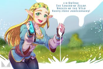 1girl artist_logo black_pants blonde_hair blue_shirt braid breasts brown_gloves chichi_band commentary_request controller cowboy_shot crown_braid fingerless_gloves gloves green_eyes holding holding_controller joy-con large_breasts logo long_hair looking_at_viewer milking_cow nintendo open_mouth pants pointy_ears princess_zelda shirt smile solo teeth the_legend_of_zelda the_legend_of_zelda:_breath_of_the_wild tight_clothes tight_pants upper_teeth_only