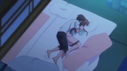 1boy 1girl animated anime_screenshot ass ayane_shirakawa bed black_hair breasts brother_and_sister brown_eyes brown_hair cleavage completely_nude fingering from_above incest jacket kotone_shirakawa large_breasts long_hair lying nipples nude on_side overflow_(anime) sex shirakawa_ayane short_hair siblings sleeping smile sound studio_hokiboshi thigh_sex uncensored video