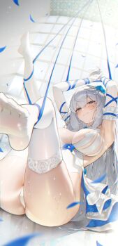 1girl absurdres armpits arms_up ass bdsm blue_eyes blush bondage bound breasts character_request closed_mouth commentary_request foreshortening hair_between_eyes hair_ornament highleg highleg_leotard highres jeon-eo_konoshiro korean_commentary lace lace-trimmed_thighhighs lace_trim leotard light_smile long_hair looking_at_viewer medium_breasts mole mole_under_eye on_floor sidelocks sitting skindentation star_savior thighhighs thighs white_hair white_leotard white_thighhighs