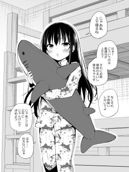 1girl absurdres airandou bed blush bunk_bed female_focus greyscale highres hug long_hair looking_at_viewer monochrome original pajamas shark_print solo stuffed_animal stuffed_shark stuffed_toy translated