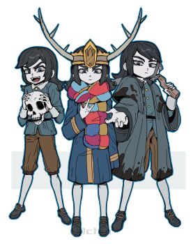 3boys \n/ abaddon_(haunted_hotel) absurdres black_hair blue_coat blue_eyes child chinese_commentary coat commentary_request dirty dirty_clothes dual_persona fake_horns full_body haunted_hotel highres holding holding_skull horned_headwear horns long_hair looking_at_viewer male_focus multiple_boys noecho reaching reaching_towards_viewer scarf skull standing white_background