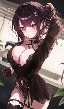 1girl absurdres arm_up black_hair black_nightgown breasts cleavage clothing_cutout commentary_request cowboy_shot criss-cross_halter cup detached_collar hair_ornament hairclip halterneck highleg highres holding holding_cup indoors large_breasts long_hair long_sleeves looking_at_viewer myowa navel navel_cutout nightgown pink_eyes snowbreak:_containment_zone solo spaghetti_strap sweat thigh_strap thighs yao_(snowbreak)