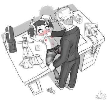 1boy 1girl age_difference animal_print arms_up artist_name bear_panties bear_print becky_blackbell blush clothes_lift embarrassed eyebrows eyelashes flat_chest from_above from_behind full_body highres lifting_another's_clothes loli looking_at_another looking_down lying monochrome nipples on_back on_table panties pantyhose print_panties radiosylent shirt shirt_lift short_hair size_difference skirt spy_x_family striped_clothes striped_panties surprised table twilight_(spy_x_family) twintails underwear undressing_another unworn_skirt