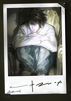 Rule 34 | 1boy, 8knff, absurdres, bags under eyes, barefoot, black hair, blue pants, chair, crossed arms, death note, denim, hair between eyes, highres, hugging own legs, jeans, l (death note), male focus, no eyebrows, pants, parted lips, polaroid photo, shirt, short hair, solo, thumb to mouth, white shirt