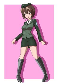 1girl :d absurdres beret black_necktie brown_eyes brown_hair clenched_hands commentary_request dress_shirt drops_mint emblem girls_und_panzer green_skirt hat highres jacket japanese_tankery_league_(emblem) long_sleeves looking_at_viewer military military_hat military_uniform necktie nishizumi_maho open_mouth selection_university_(emblem) selection_university_military_uniform shirt short_hair skirt smile solo standing vest white_shirt