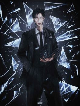 1boy absurdres aegyo_sal artskiddy69 black_coat black_hair black_vest broken_glass coat collared_shirt feet_out_of_frame glass glass_shards hand_in_pocket hand_up highres looking_up male_focus mordret_(shadow_slave) object_floating_above_hand rolling_eyes shadow_slave shirt short_hair skinny solo spread_legs vest white_shirt