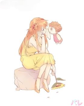 Rule 34 | 1girl, absurdres, bad id, bad pixiv id, comforting, crying, crying with eyes open, doll, dress, floating, flower, hair ornament, hairclip, hand on own cheek, hand on own face, highres, holding, holding flower, interface headset (evangelion), long hair, looking at another, neon genesis evangelion, palais, sad, sitting, souryuu asuka langley, sunflower, tears, wiping tears