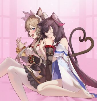 2girls absurdres animal_ears bed_sheet blue_eyes breasts brown_hair cat_ears cat_girl cat_tail columbina_(genshin_impact) commentary_request dress eye_mask genshin_impact highres hug hug_from_behind long_hair mask medium_breasts multiple_girls pantyhose pi_tayuko sandrone_(genshin_impact) sitting solo strapless strapless_dress tail white_dress white_headdress white_mask white_pantyhose x-shaped_eyewear yuri