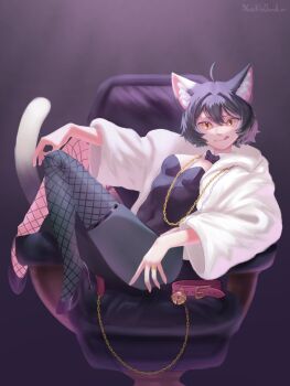 Rule 34 | 1girl, animal ear fluff, animal ears, artist name, bell, black hair, breasts, cat ears, cat girl, cat tail, chain, chair, commentary, dungeon meshi, english commentary, fishnet thighhighs, fishnets, full body, gold chain, highres, izutsumi, kimchunsik, neck bell, on chair, red scarf, scarf, short hair, slit pupils, small breasts, smile, solo, tail, thighhighs, tongue, tongue out, unworn collar, white background, yellow eyes