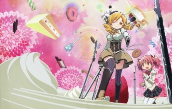 10s 2girls absurdres aiming beret blonde_hair boots brown_legwear cake candle candy chocolate chocolate_bar cookie corset cover cream crease detached_sleeves donut drill_hair dual_wielding dvd_cover food fruit gun hair_ornament hair_ribbon hairpin hat highres holding kaname_madoka kishida_takahiro knee_boots lollipop long_hair magical_girl magical_musket_(madoka_magica) mahou_shoujo_madoka_magica mahou_shoujo_madoka_magica_(anime) multiple_girls official_art one_eye_closed pastry pink_hair pleated_skirt popsicle puffy_sleeves reference_work ribbon rifle scan school_uniform short_twintails skirt strawberry striped_clothes striped_legwear striped_thighhighs sweets thighhighs tomoe_mami tomoe_mami_(magical_girl) twin_drills twintails vertical-striped_clothes vertical-striped_legwear vertical-striped_thighhighs weapon whipped_cream wink yellow_eyes zettai_ryouiki