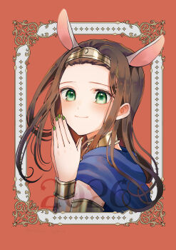 1girl 2026 absurdres animal_ears black_hair blue_cape blush c-diamond cape chinese_zodiac closed_mouth commentary_request dragon_quest dragon_quest_viii extra_ears forehead from_side green_eyes green_nails highres horse_ears jewelry kemonomimi_mode long_hair looking_at_viewer looking_to_the_side medea_(dq8) neck_ring own_hands_together princess smile solo tiara upper_body year_of_the_horse