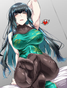 1girl armpits black_hair blue_hair breasts colored_inner_hair commentary_request facial_tattoo fate/grand_order fate_(series) feet grey_eyes heart highres large_breasts long_hair multicolored_hair on_bed open_mouth pantyhose sitting solo tattoo tenochtitlan_(fate) tgxx3300 two-tone_hair wavy_hair