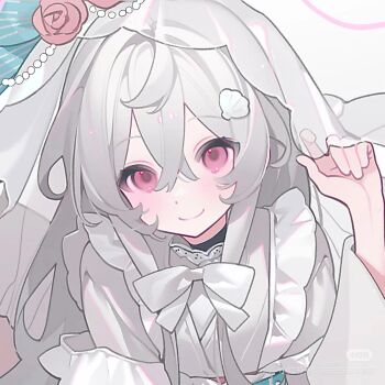 1girl blush closed_mouth dress flower hair_between_eyes hair_flower hair_ornament highres long_hair long_sleeves looking_at_viewer non-web_source puffy_sleeves red_eyes rose simple_background smile white_dress white_flower white_hair yuanyunyu_3y
