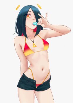 1girl bikini black_hair black_shorts breasts bright_pupils colored_inner_hair contrapposto cowboy_shot eating floating_headgear food food_in_mouth gradient_bikini headgear highleg highleg_bikini highres holding holding_food holding_popsicle jewelry looking_at_viewer medium_hair melting_popsicle multicolored_hair navel necklace open_clothes open_shorts orange_eyes original pink_hair popsicle popsicle_in_mouth red_bikini sexually_suggestive shaardy short_shorts shorts simple_background small_breasts solo stomach string_bikini swimsuit triforce variant_set white_background white_pupils yellow_bikini